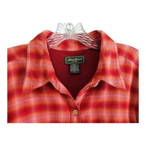 EDDIE BAUER Women's XL Flannel Shirt Fleece Lined Button Up Plaid Red Pink 48" - Picture 4 of 8